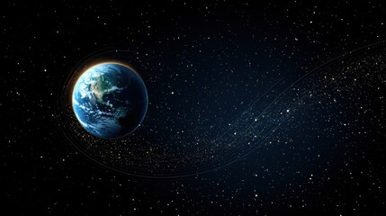 Fototapeta premium earth orbit Earth with a visible orbital path, surrounded by stylized constellations and celestial bodies, artistic interpretation.
