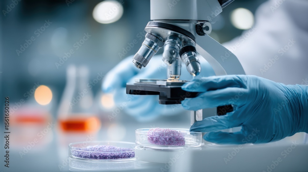 Poster laboratory scientist using microscope to examine cells in modern research environment.