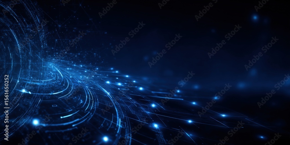 Poster Futuristic Digital Network with Data Connections and Glowing Light Trails in Space.