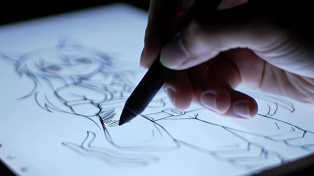 Hand drawing anime character with pen on light box, close-up view, sketch style