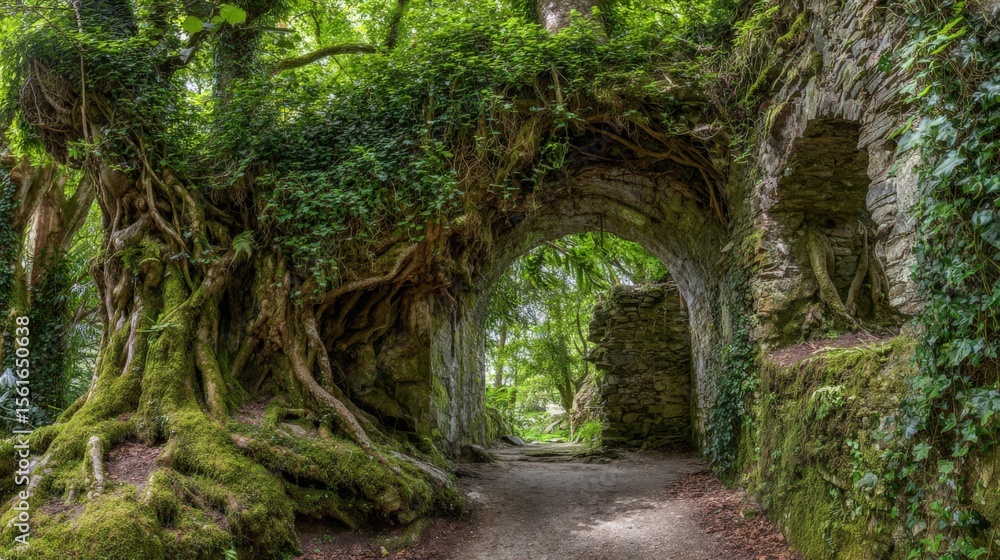 Poster enchanted forest with ancient twisted trees and hidden caves under lush green canopy.