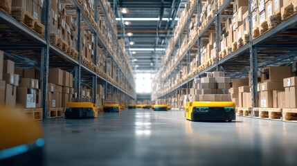 Large warehouse with high shelves stocked with boxes and autonomous delivery robots.