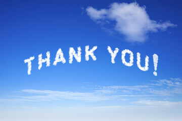 THANK YOU cloud text and exclamation mark on bright blue sky