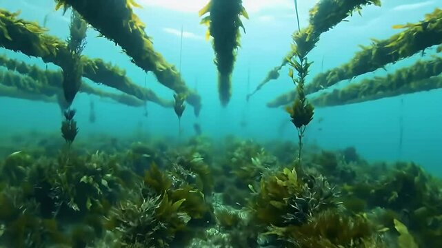 Underwater shot of seaweed farm, hanging from lines, sea floor visible below