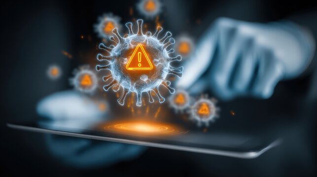 Digital virus warning alert with exclamation mark displayed on a smartphone screen. - Powered by Adobe