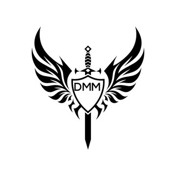 DMM "Warrior Shield and Sword Emblem with Wings Logo," DMM Later Logo, "Black Tribal Winged Sword Crest Vector," "Heraldic Emblem with Wings, Sword, and Shield,"
