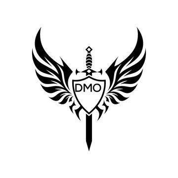DMO "Warrior Shield and Sword Emblem with Wings Logo," DMO Later Logo, "Black Tribal Winged Sword Crest Vector," "Heraldic Emblem with Wings, Sword, and Shield,"
