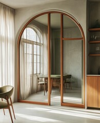 Light-filled room with arched, wooden doors