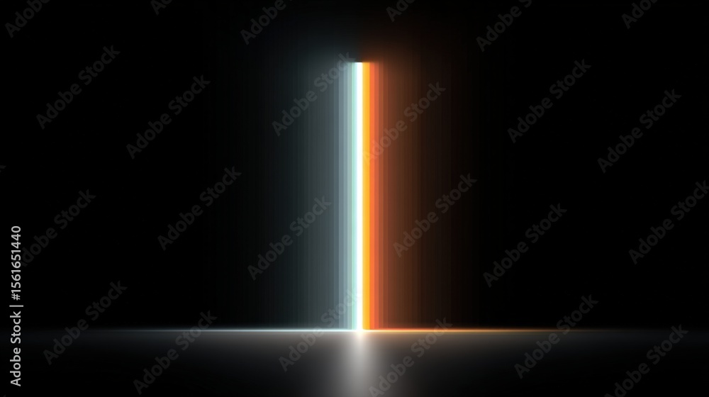 Poster Abstract vertical light beam with rainbow colors radiating on a dark background.