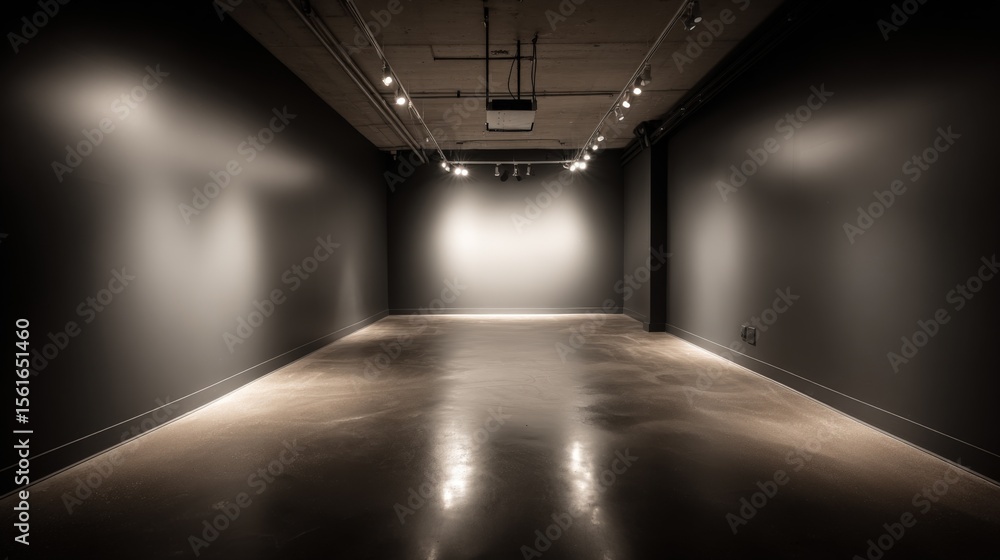 Poster empty modern art gallery with black walls and polished concrete floor illuminated by spotlights.