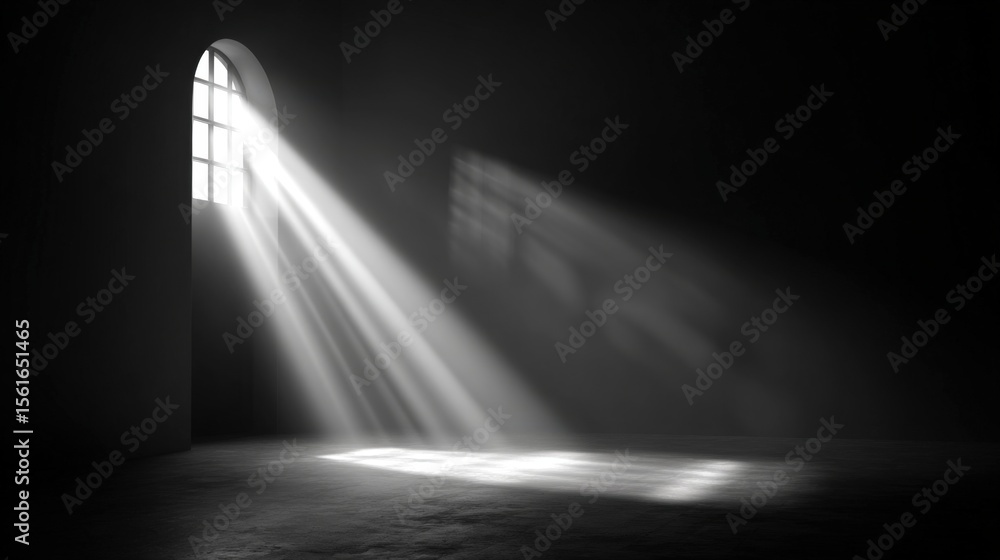 Poster Mystical sunlight rays shining through arched window illuminating dark empty room.