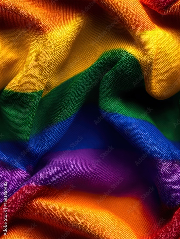 Poster close-up of colorful rainbow fabric texture with vibrant woven pattern and soft folds.