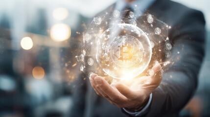 Businessman Holding Digital Cryptocurrency Bitcoin Globe with Blockchain Network.