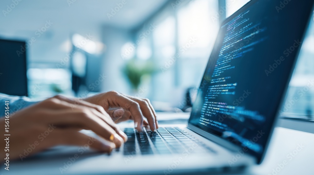 Poster Person Programming Coding Software on Laptop in Modern Office Environment with Natural Light.