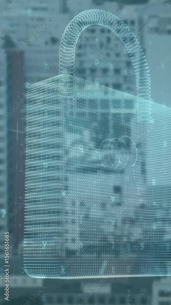 Poster animation of data processing and padlock over cityscape