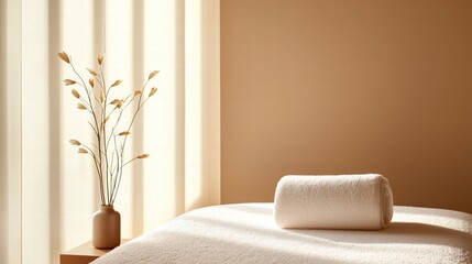 Spa Calming Tranquil Atmosphere A wide shot of a spa room with natural light and minimalist decor, peaceful ambiance, calming colors.