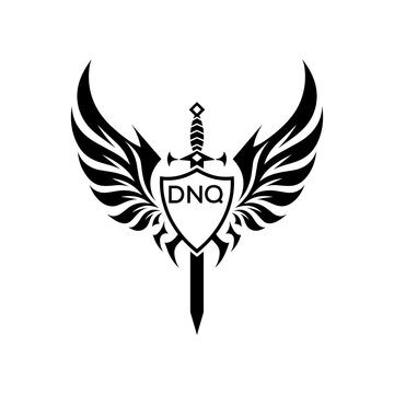 DNQ "Warrior Shield and Sword Emblem with Wings Logo," DNQ Later Logo, "Black Tribal Winged Sword Crest Vector," "Heraldic Emblem with Wings, Sword, and Shield,"
