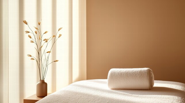 Spa Calming Tranquil Atmosphere A wide shot of a spa room with natural light and minimalist decor, peaceful ambiance, calming colors.
