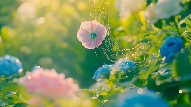 Delicate Pink Flower on Dew-Kissed Spiderweb in Vibrant Garden