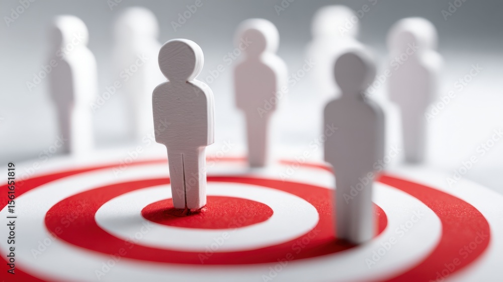 Poster diverse group of miniature human figures standing in a row on target with concentric circles.