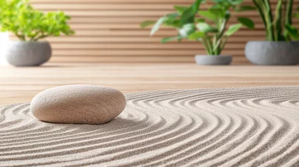 Photo sur Plexiglas Spa Calming Peaceful Mindfulness A zen garden with raked sand and stones in a spa, mindfulness symbol, peaceful setting.