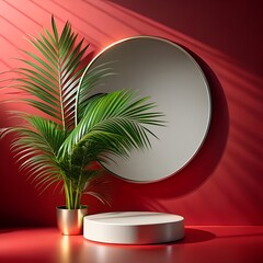 Obraz premium Empty Plate with Green Palm Leaf on Red Background