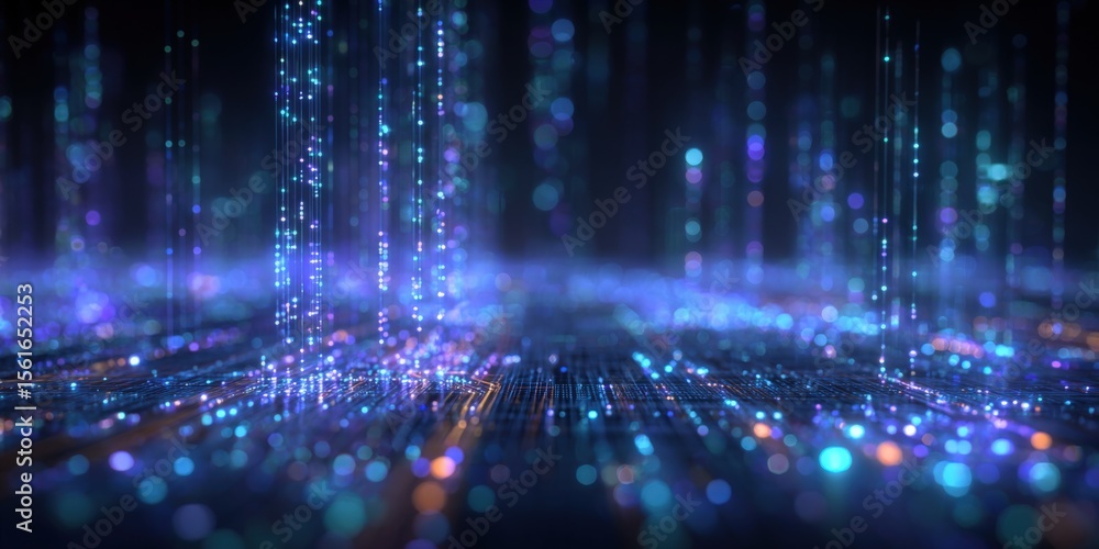 Poster abstract vibrant glowing digital data stream and futuristic technology background.