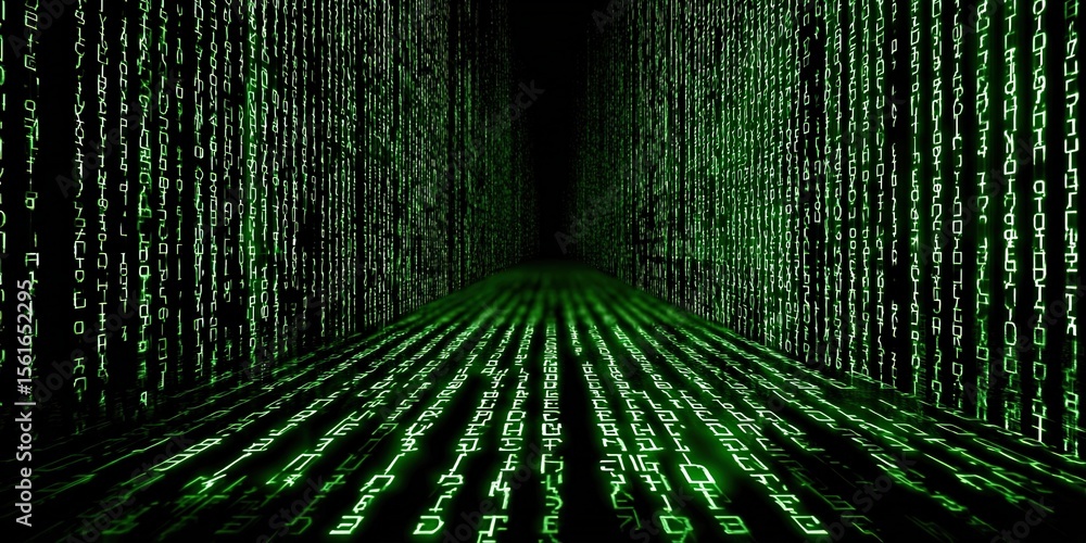 Poster Digital Data Stream Visualization with Falling Code Effect in Software Coding Environment.
