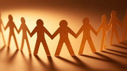 Diverse Paper Cutout Silhouettes of People Holding Hands in Warm Light.