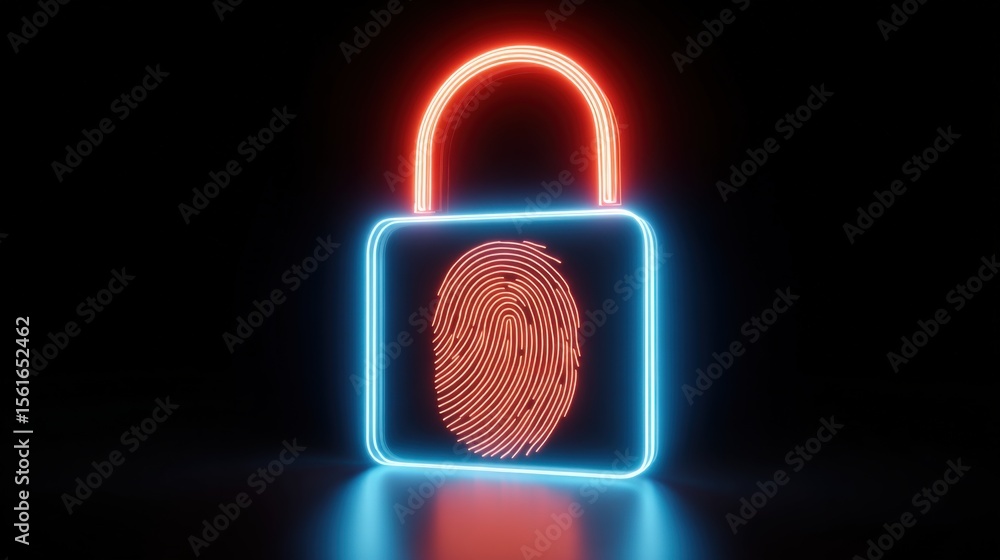 Poster neon illuminated padlock with fingerprint scanner glowing in vibrant red and blue light.