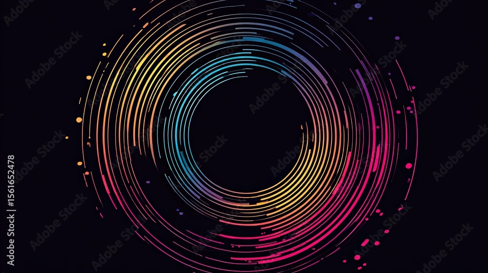 Aufkleber Vibrant Circular Light Pattern with Neon Colors on Dark Background for Digital Art.