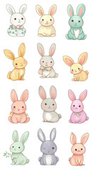 Cute cartoon rabbits in pastel colors