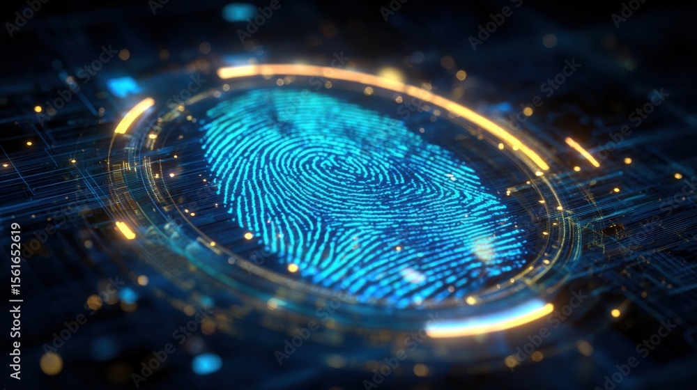 Poster futuristic digital fingerprint identification hologram with glowing technology elements.