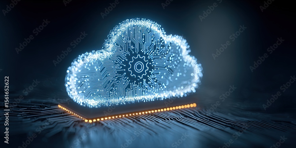 Aufkleber high tech cloud diagram with digital technology symbols glowing and glowing blue.