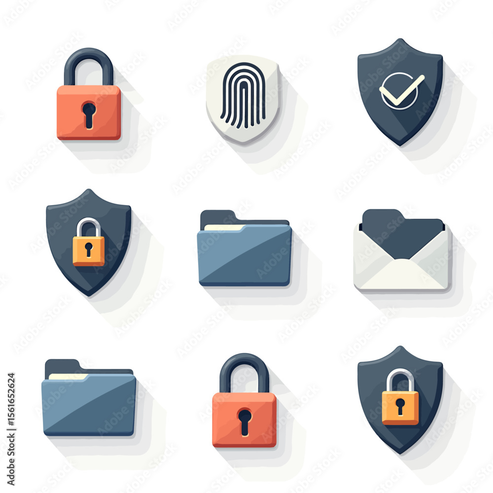 Poster collection of nine flat design icons representing data security, privacy, and file protection, ideal