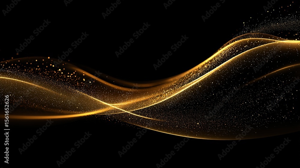 Poster elegant glowing golden wave lines with sparkling particles flowing across black background.