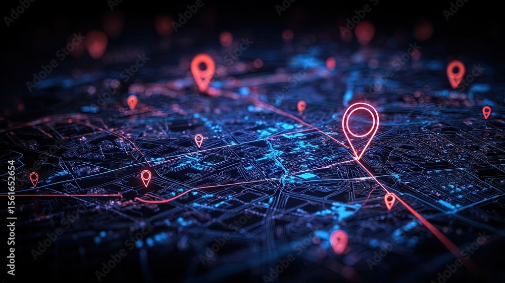 Poster Futuristic digital map with highlighted location markers and glowing pathways.