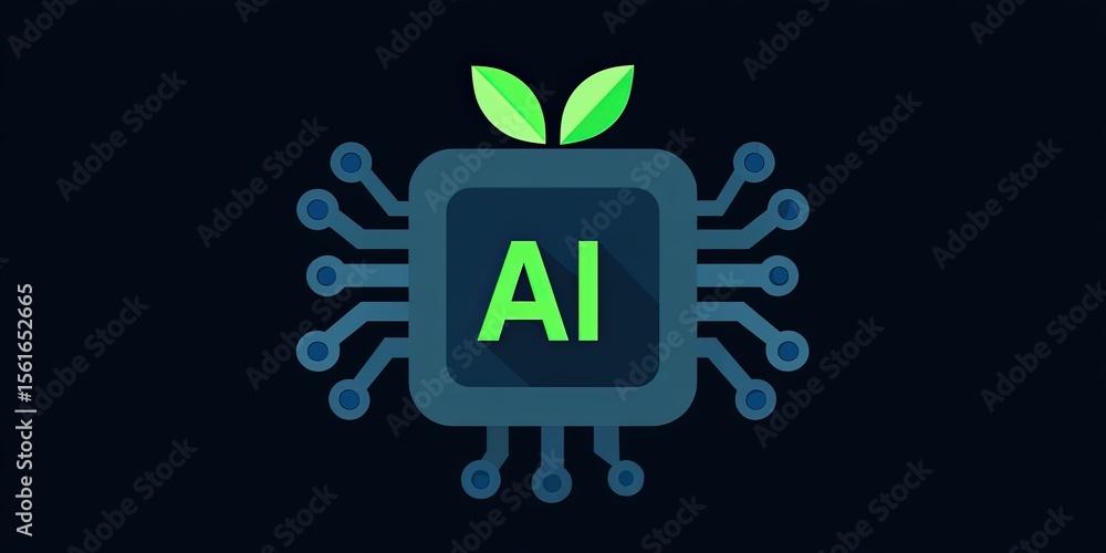 Poster Modern Artificial Intelligence Microchip Illustration with Circuit Lines and Green Leaves.