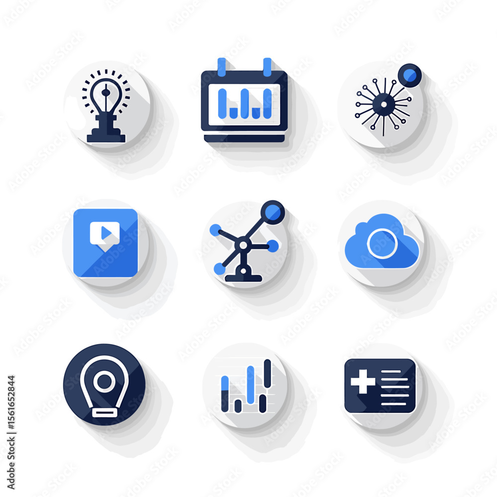 Poster collection of nine flat design icons representing business concepts such as idea, planning, network,