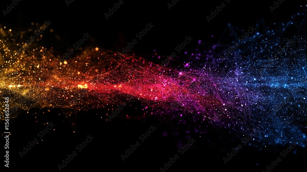 Poster Vibrant Colorful Particle Waves Illustrating Data Flow and Digital Connection.