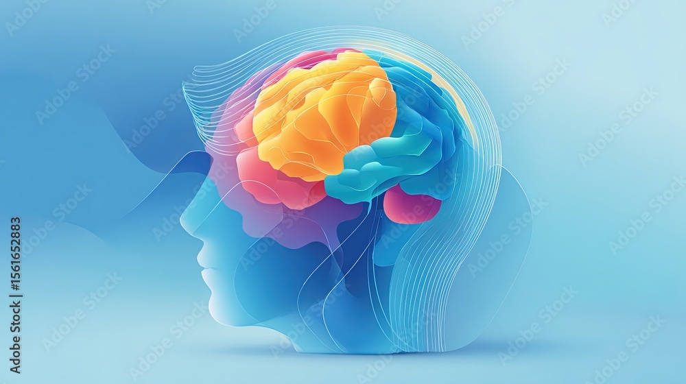 Poster detailed colorful human brain illustration showing neural connections and cognitive function.