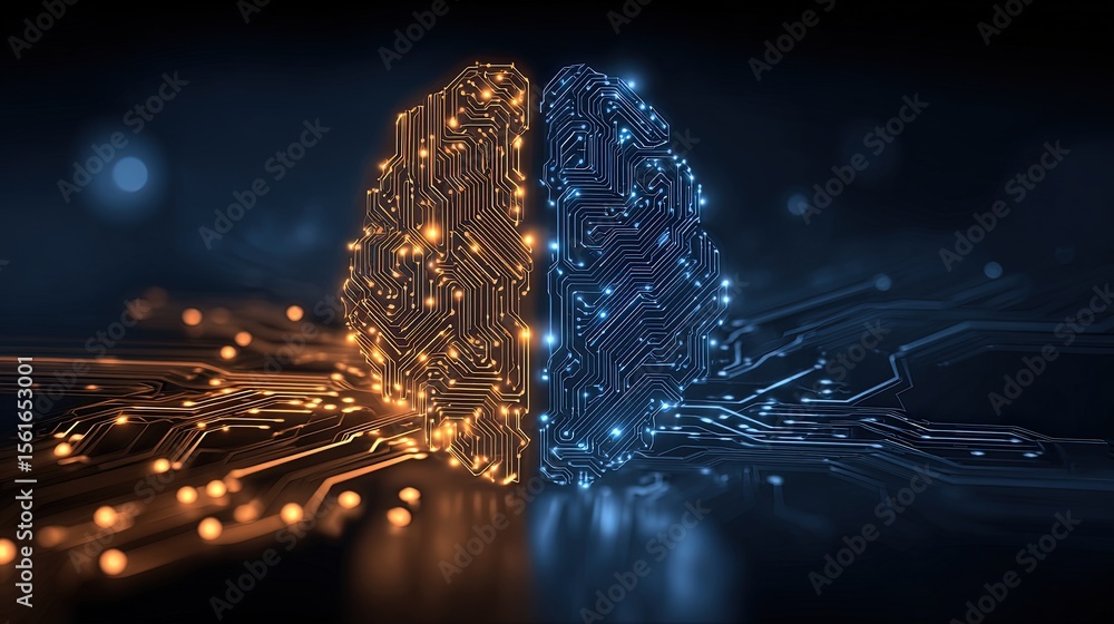 Poster futuristic digital brain illustration with glowing circuitry and technology theme.