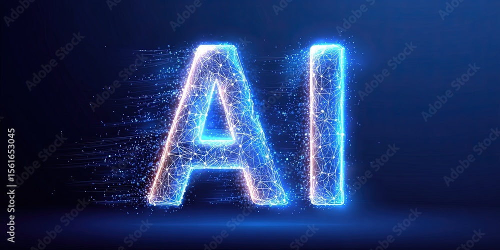 Aufkleber Digital AI Technology Concept with Glowing Text and Particle Effects for Futuristic Design.