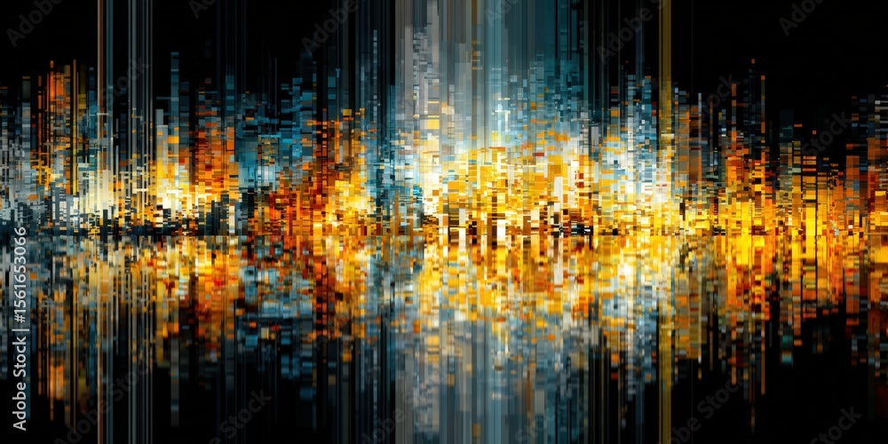 Poster vibrant abstract digital cityscape with colorful light reflections and intense glow.