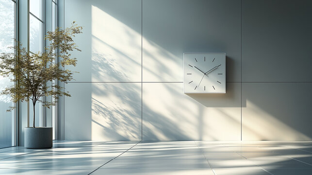 Modern architectural interior design of an empty office hall with a futuristic glass window offering a blue sky view, a concept 3D illustration - Powered by Adobe