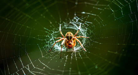 Obraz premium Close-up of Spider on Intricate Web with Dark Background