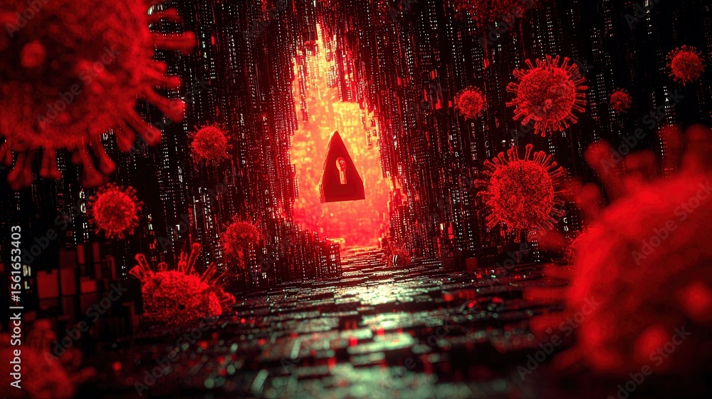 Poster Digital hacker silhouette standing in a cyber tunnel with virus particles and glowing keyhole.