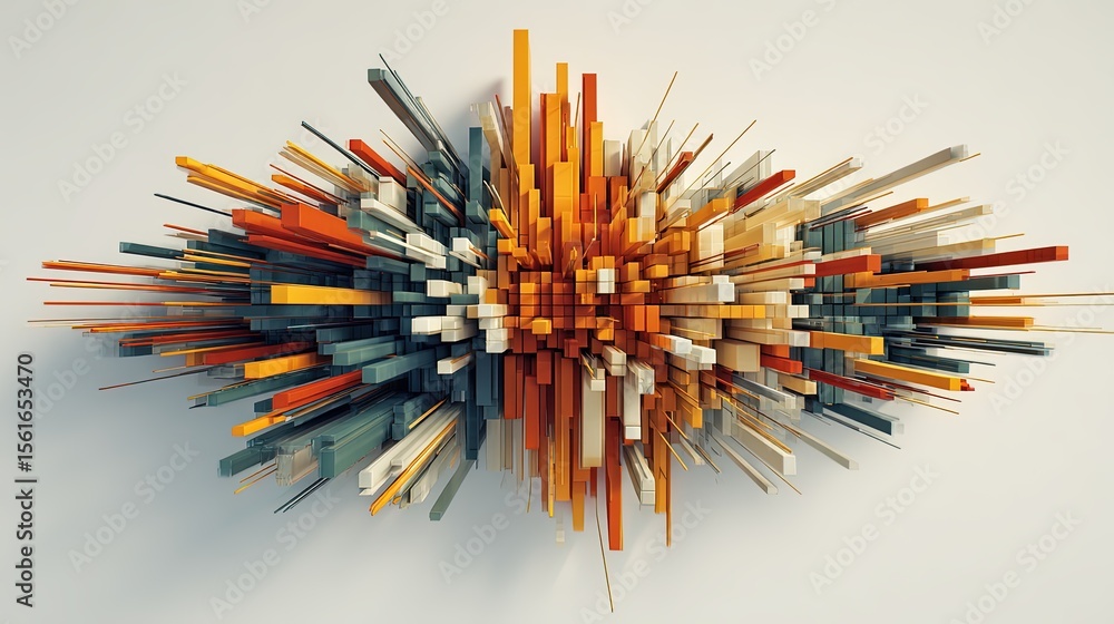 Poster Abstract geometric art sculpture with colorful elongated rectangular shapes and dynamic composition.