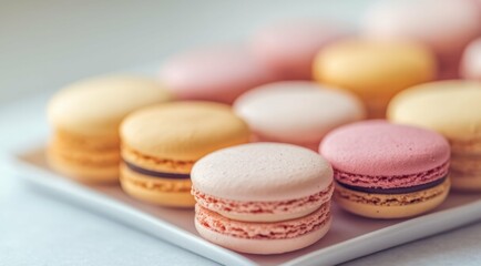 Fototapeta premium Pastel macarons on a tray, assorted colors and flavors for dessert