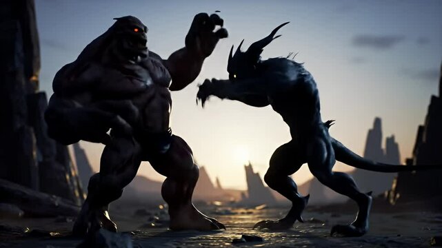 Two silhouetted, monstrous figures fight in a barren landscape under a setting sun